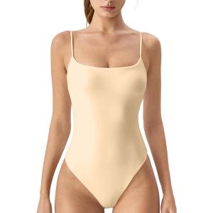 imageQINSEN Womens Spaghetti Strap Bodysuit Top Square Neck Sleeveless Double Lined Cami ShirtsNude