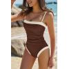 image:imageQINSEN Color Block Bathing Suits for Women Spaghetti Straps Tummy Control Square Neck One Piece SwimsuitChestnut