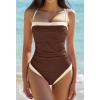 image:imageQINSEN Color Block Bathing Suits for Women Spaghetti Straps Tummy Control Square Neck One Piece SwimsuitChestnut