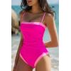 image:imageQINSEN Color Block Bathing Suits for Women Spaghetti Straps Tummy Control Square Neck One Piece SwimsuitHot Pink