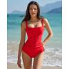 image:imageQINSEN Womens Square Neck One Piece Swimsuit Open Back Side Ruched Bathing Suit Tummy Control Slimming SwimwearRed