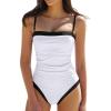 image:imageQINSEN Color Block Bathing Suits for Women Spaghetti Straps Tummy Control Square Neck One Piece SwimsuitWhite
