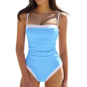 image:imageQINSEN Color Block Bathing Suits for Women Spaghetti Straps Tummy Control Square Neck One Piece SwimsuitAiry Blue