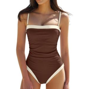 image:imageQINSEN Color Block Bathing Suits for Women Spaghetti Straps Tummy Control Square Neck One Piece SwimsuitChestnut