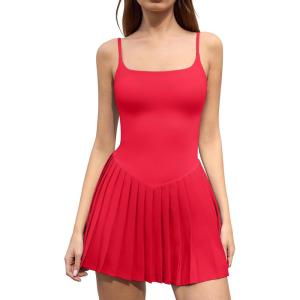 image:imageQINSEN Strappy Square Neck Tennis Dress for Womens Pleated Built in Shorts Golf Atheletic Dress with PocketsRed