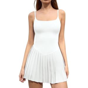 image:imageQINSEN Strappy Square Neck Tennis Dress for Womens Pleated Built in Shorts Golf Atheletic Dress with PocketsWhite