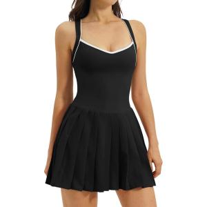 image:imageQINSEN Womens V Neck Pleated Tennis Dresses Built in Shorts Cross Back Sleeveless Athletic Dress with PocketsBlack
