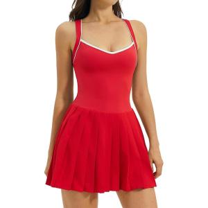 image:imageQINSEN Womens V Neck Pleated Tennis Dresses Built in Shorts Cross Back Sleeveless Athletic Dress with PocketsRed