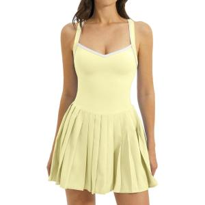 image:imageQINSEN Womens V Neck Pleated Tennis Dresses Built in Shorts Cross Back Sleeveless Athletic Dress with PocketsYellow