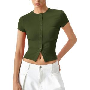 image:imageQINSEN Womens Crewneck Short Sleeve T Shirts Ribbed Button Going Out Trendy TopsArmy Green