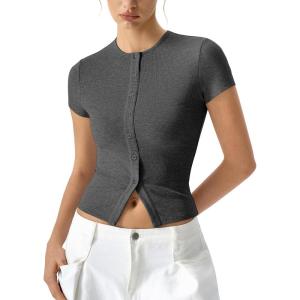 image:imageQINSEN Womens Crewneck Short Sleeve T Shirts Ribbed Button Going Out Trendy TopsDark Grey