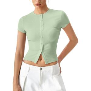 image:imageQINSEN Womens Crewneck Short Sleeve T Shirts Ribbed Button Going Out Trendy TopsLight Green