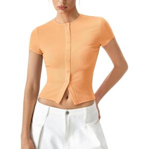 image:imageQINSEN Womens Crewneck Short Sleeve T Shirts Ribbed Button Going Out Trendy TopsOrange