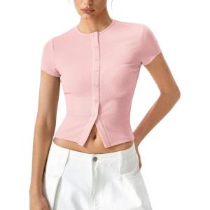image:imageQINSEN Womens Crewneck Short Sleeve T Shirts Ribbed Button Going Out Trendy TopsPink