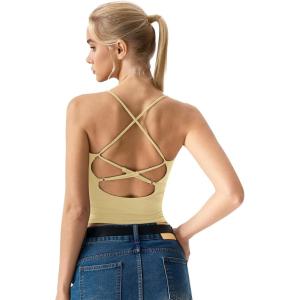 image:imageQINSEN Womens Cross Back Tank Top V Neck Double Lined Camisole Top Sleeveless Spaghetti Strap Going Out TopsBaby Yellow