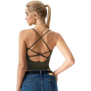 image:imageQINSEN Womens Cross Back Tank Top V Neck Double Lined Camisole Top Sleeveless Spaghetti Strap Going Out TopsOlive Green