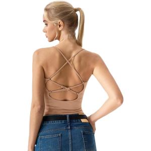 image:imageQINSEN Womens Cross Back Tank Top V Neck Double Lined Camisole Top Sleeveless Spaghetti Strap Going Out TopsTan