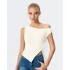 image:imageQINSEN Womens Off Shoulder Asymmetrical Tops Diagonal Buttonup Closure Split Hem Cropped T Shirts Y2k Tank TopBeige01
