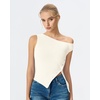 image:imageQINSEN Womens Off Shoulder Asymmetrical Tops Diagonal Buttonup Closure Split Hem Cropped T Shirts Y2k Tank TopBeige01