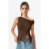 image:imageQINSEN Womens Off Shoulder Asymmetrical Tops Diagonal Buttonup Closure Split Hem Cropped T Shirts Y2k Tank TopCoffee Bean