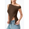 image:imageQINSEN Womens Off Shoulder Asymmetrical Tops Diagonal Buttonup Closure Split Hem Cropped T Shirts Y2k Tank TopCoffee Bean