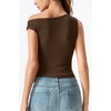 image:imageQINSEN Womens Off Shoulder Asymmetrical Tops Diagonal Buttonup Closure Split Hem Cropped T Shirts Y2k Tank TopCoffee Bean