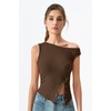 image:imageQINSEN Womens Off Shoulder Asymmetrical Tops Diagonal Buttonup Closure Split Hem Cropped T Shirts Y2k Tank TopCoffee Bean
