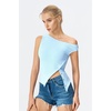 image:imageQINSEN Womens Off Shoulder Asymmetrical Tops Diagonal Buttonup Closure Split Hem Cropped T Shirts Y2k Tank TopLight Blue01