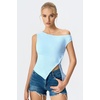 image:imageQINSEN Womens Off Shoulder Asymmetrical Tops Diagonal Buttonup Closure Split Hem Cropped T Shirts Y2k Tank TopLight Blue01