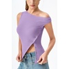 image:imageQINSEN Womens Off Shoulder Asymmetrical Tops Diagonal Buttonup Closure Split Hem Cropped T Shirts Y2k Tank TopPurple