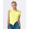 image:imageQINSEN Womens Off Shoulder Asymmetrical Tops Diagonal Buttonup Closure Split Hem Cropped T Shirts Y2k Tank TopYellow