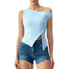 image:imageQINSEN Womens Off Shoulder Asymmetrical Tops Diagonal Buttonup Closure Split Hem Cropped T Shirts Y2k Tank TopLight Blue01