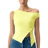 image:imageQINSEN Womens Off Shoulder Asymmetrical Tops Diagonal Buttonup Closure Split Hem Cropped T Shirts Y2k Tank TopYellow