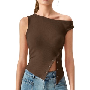 image:imageQINSEN Womens Off Shoulder Asymmetrical Tops Diagonal Buttonup Closure Split Hem Cropped T Shirts Y2k Tank TopCoffee Bean