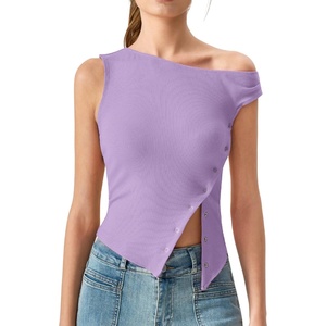 image:imageQINSEN Womens Off Shoulder Asymmetrical Tops Diagonal Buttonup Closure Split Hem Cropped T Shirts Y2k Tank TopPurple