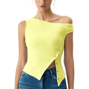 image:imageQINSEN Womens Off Shoulder Asymmetrical Tops Diagonal Buttonup Closure Split Hem Cropped T Shirts Y2k Tank TopYellow