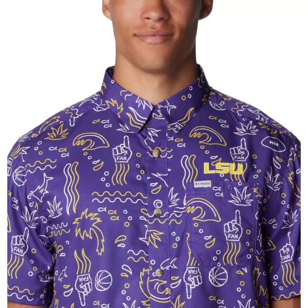 Columbia Mens Collegiate Super Slack Tide ShirtLSU Tigers Lsu  Vivid Purple Fish Fan Print