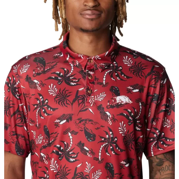 Columbia Mens Collegiate Super Terminal Tackle PoloArk  Red Velvet Dorado Isle Print