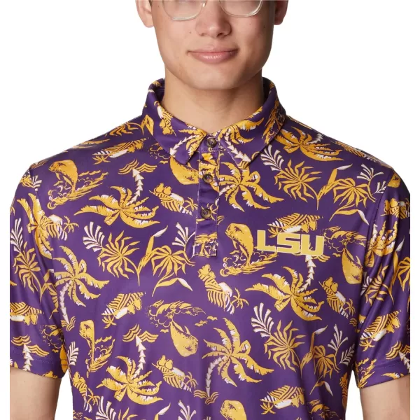 Columbia Mens Collegiate Super Terminal Tackle PoloLsu  Vivid Purple Dorado Isle Print