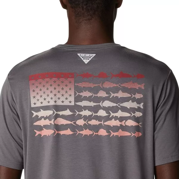 Columbia Mens PFG Fish Flag Tech Tee SsCity GreyRed Hibiscus Gradient