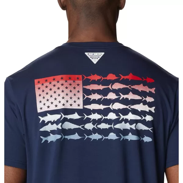 Columbia Mens PFG Fish Flag Tech Tee SsCollegiate Navy  Red Spark Gradient