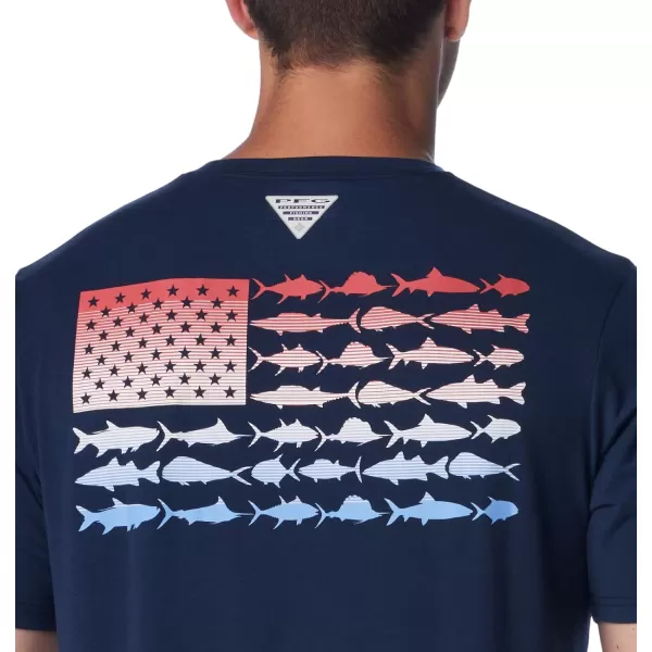 Columbia Mens PFG Fish Flag Tech Tee SsCollegiate NavySunset Red Gradient