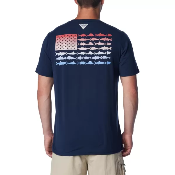 Columbia Mens PFG Fish Flag Tech Tee SsCollegiate NavySunset Red Gradient