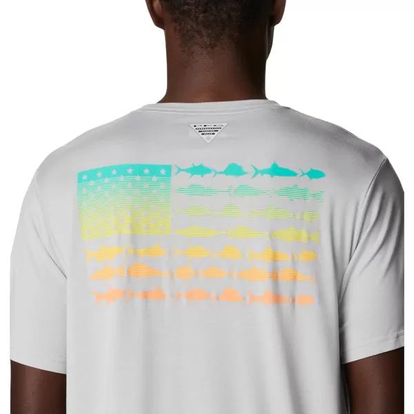 Columbia Mens PFG Fish Flag Tech Tee SsCool GreyElectric Turquoise Gradient