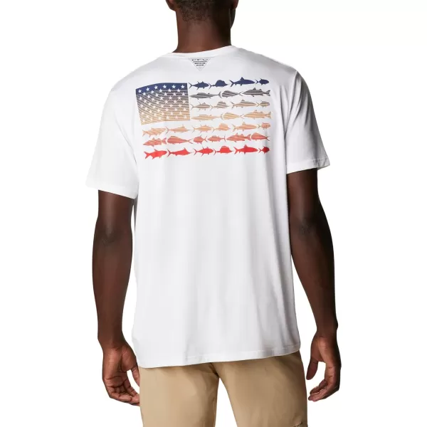 Columbia Mens PFG Fish Flag Tech Tee SsWhiteRed Spark Gradient