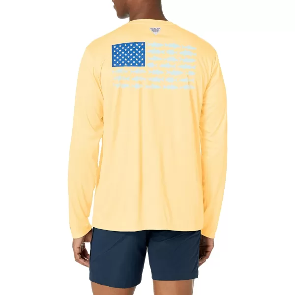 Columbia Mens PFG Terminal Tackle Fish Flag Long Sleeve Fishing ShirtCocoa ButterVivid Blue Inshore Slam