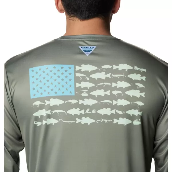 Columbia Mens PFG Terminal Tackle Fish Flag Long Sleeve Fishing ShirtCypress Opal Blue Bass Lures