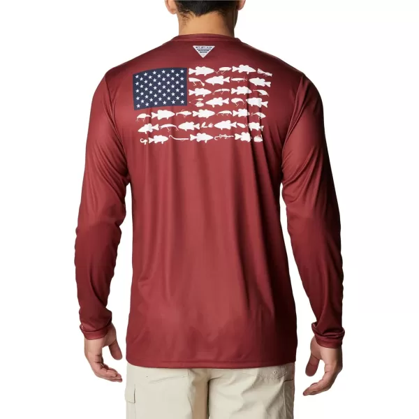 Columbia Mens PFG Terminal Tackle Fish Flag Long Sleeve Fishing ShirtRed JasperWhite Bass Lures