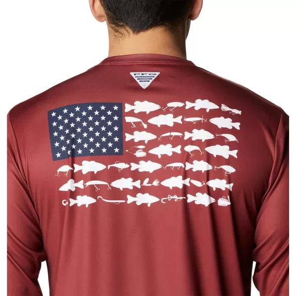 Columbia Mens PFG Terminal Tackle Fish Flag Long Sleeve Fishing ShirtRed JasperWhite Bass Lures