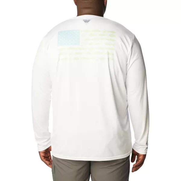 Columbia Mens PFG Terminal Tackle Fish Flag Long Sleeve Fishing ShirtWhiteSpring Blue Mid Atlantic